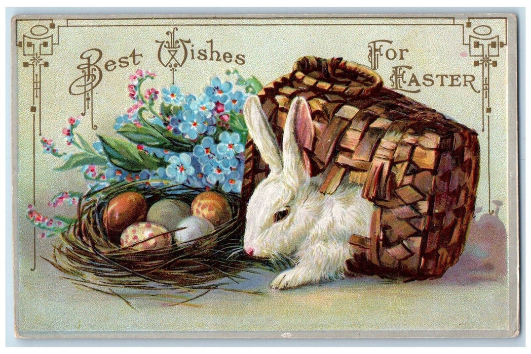 c1910's Easter Rabbit Broken Basket Egg Nest Pansies Flowers Embossed Postcard