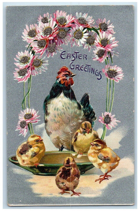 c1910's Easter Greetings Chicken Hen Chicks Flowers Embossed Tuck's Postcard