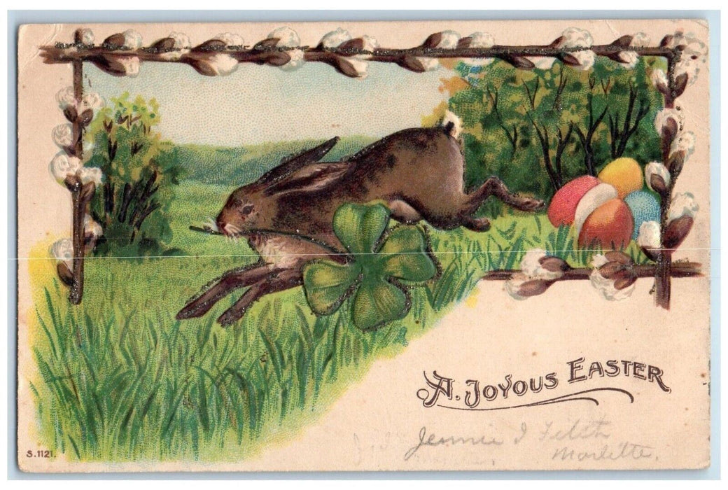 c1905 Easter Rabbit Shamrock Clover Eggs Embossed Glitter Antique Postcard