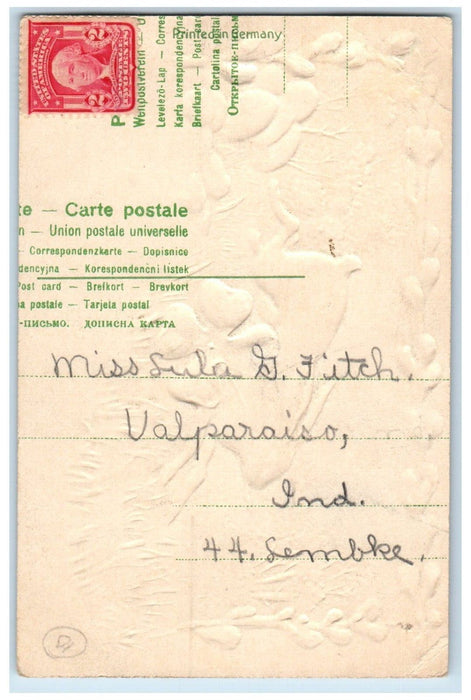 c1905 Easter Rabbit Shamrock Clover Eggs Embossed Glitter Antique Postcard