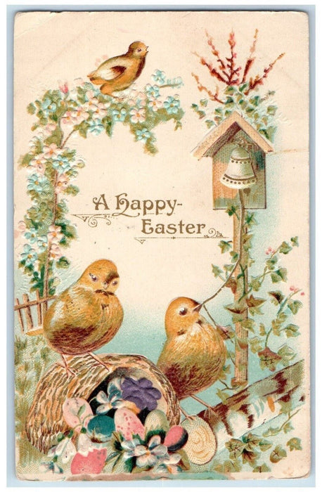 1908 Happy Easter Chicks Ringing Bell Eggs Song Bird Pansies Flowers Postcard