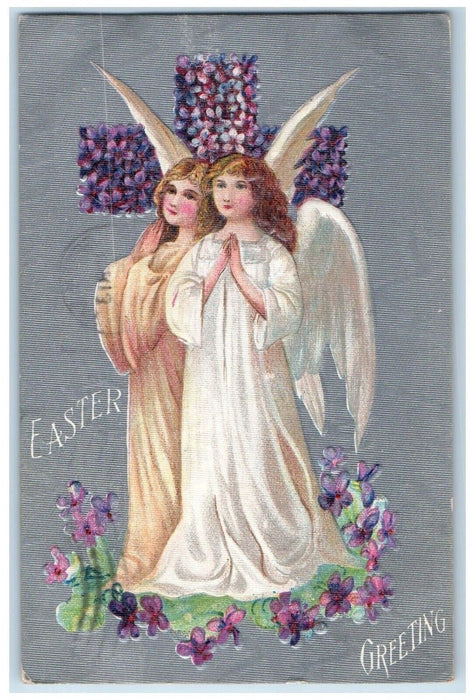 1911 Easter Greeting Holy Cross Angels Pansies Flowers Embossed Posted Postcard