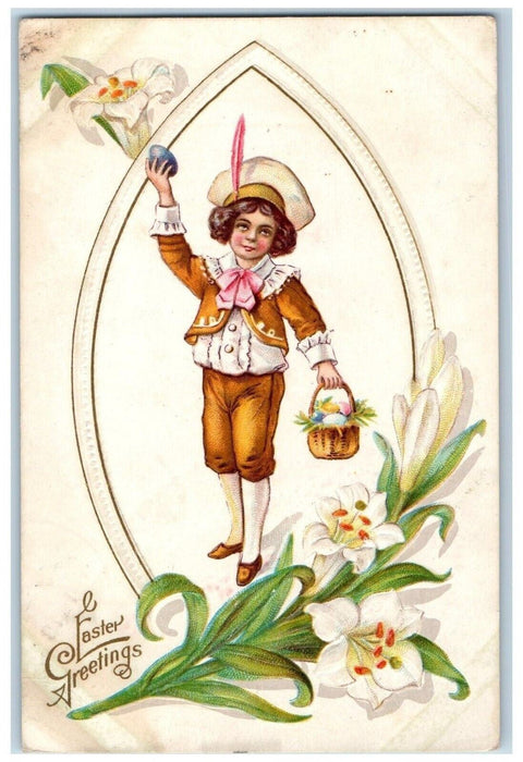 c1910's Easter Greeting Boy Eggs In Basket Lilies Flowers Embossed Postcard