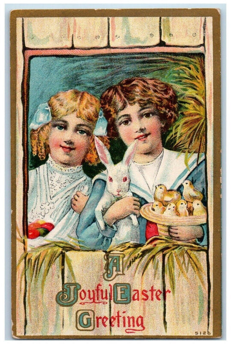 1911 Easter Greeting Children Bunny Rabbit Chicks Embossed Winsch Back Postcard