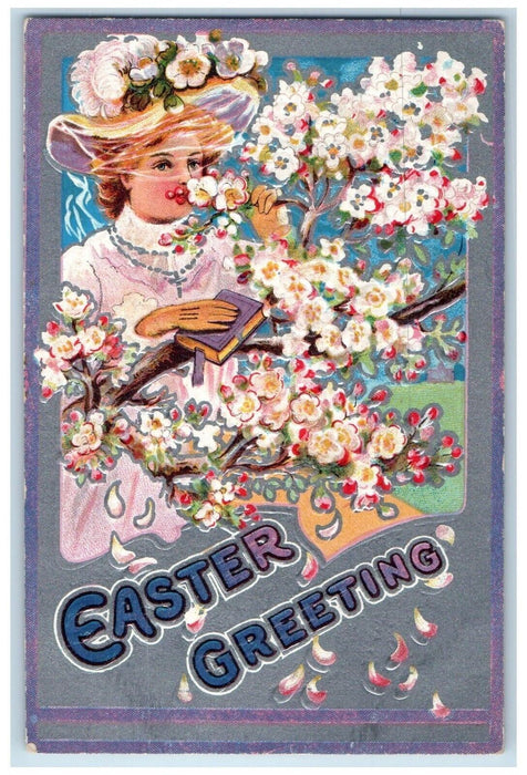 c1910's Easter Greeting Pretty Girl Book Smell Flowers Embossed Antique Postcard