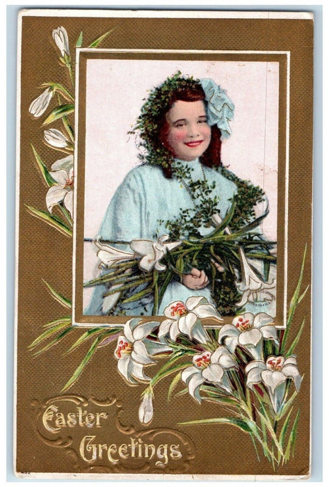 c1910's Easter Greeting Pretty Girl Lilies Flowers Embossed Antique Postcard