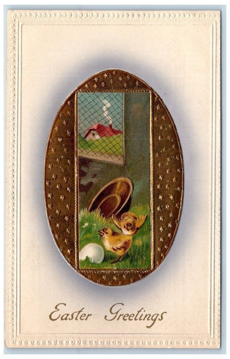 c1910's Easter Greeting Chicks Hatched Egg House Chimney Embossed Postcard