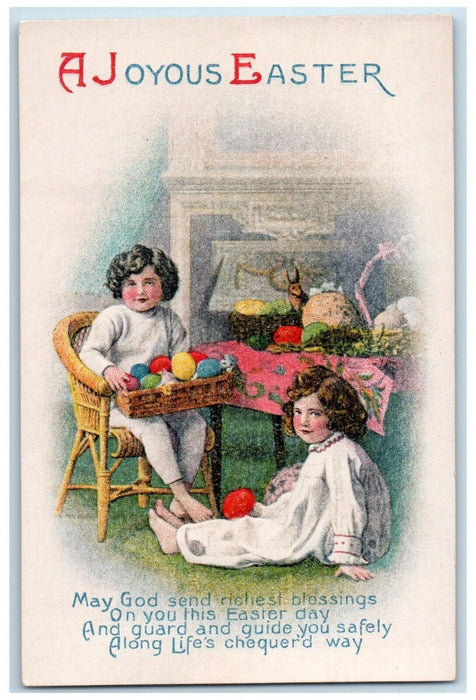 c1910's Easter Mother And Daughter Basket Of Eggs Embossed Antique Postcard