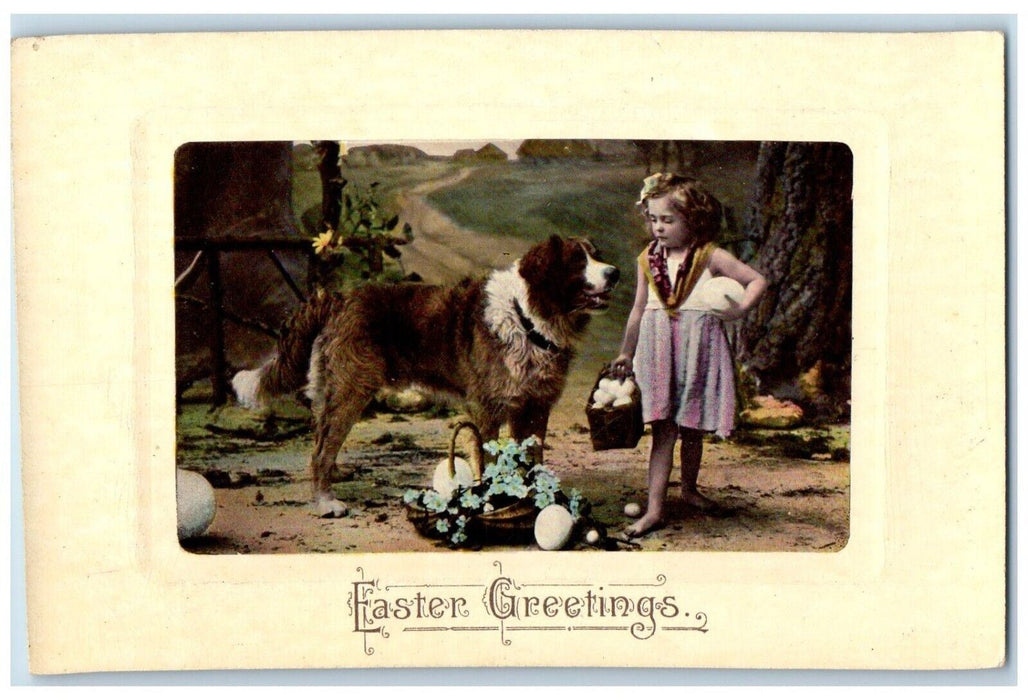 c1910's Easter Greetings Little Girl Dog Eggs And Pansies Embossed Postcard