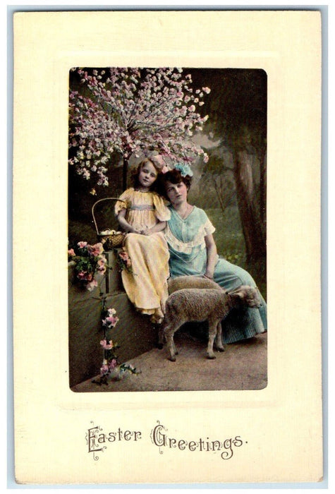 c1910's Easter Greetings Mother And Child Lamb Pansies Flowers Embossed Postcard