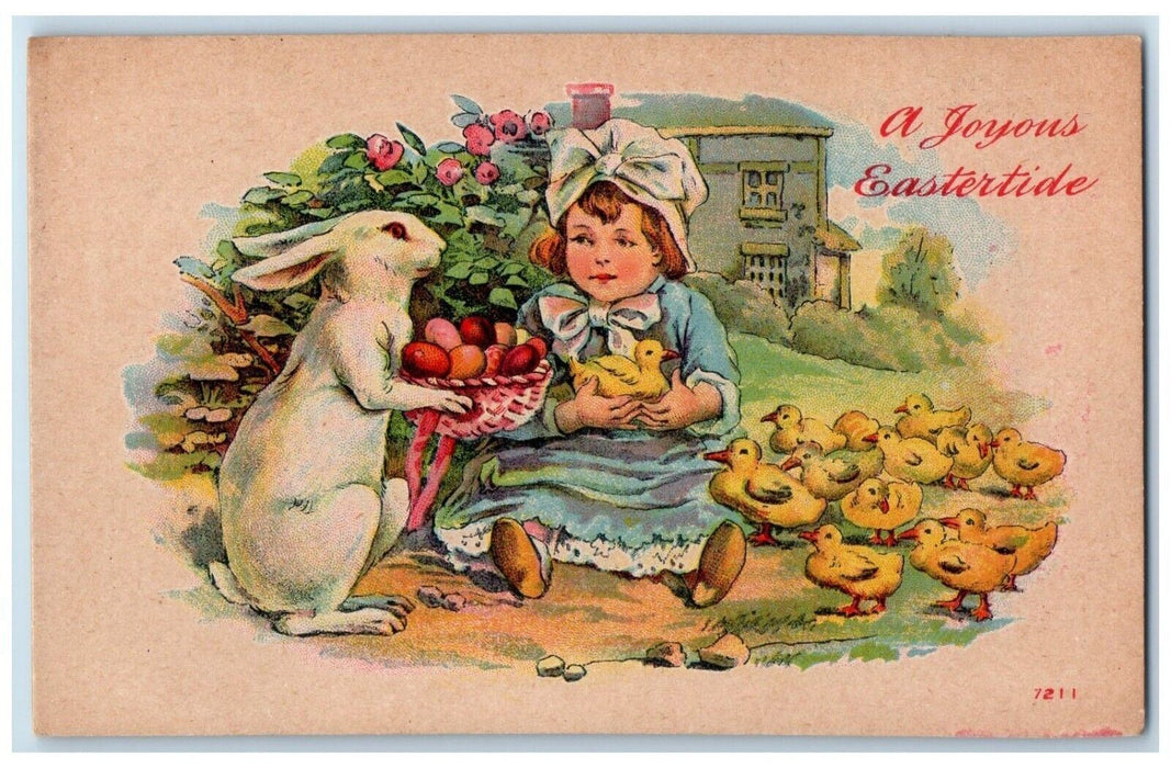 c1910's Easter Girl And Anthropomorphic Rabbit Egg Chicks Winsch Back Postcard