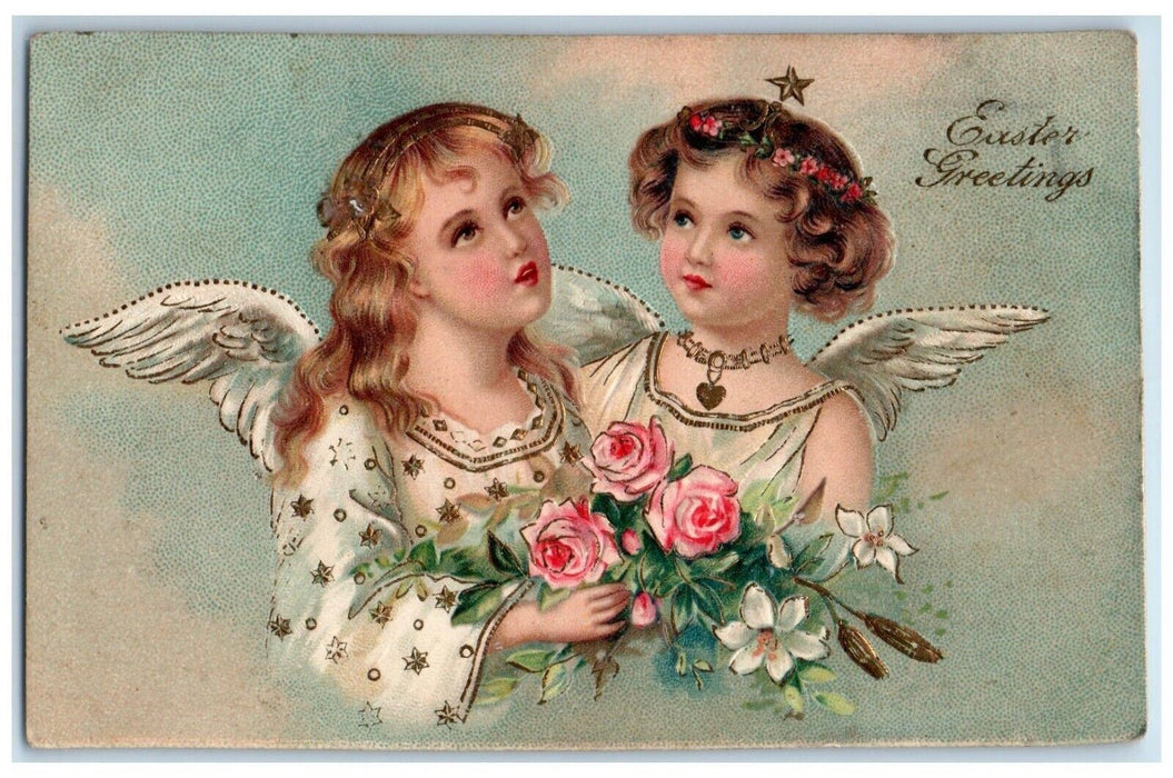 c1910's Easter Greetings Angels Flowers Embossed Posted Antique Postcard