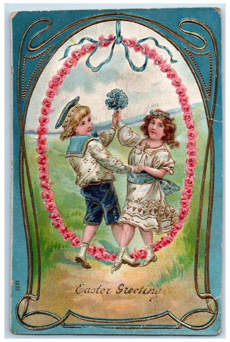 c1910's Easter Greetings Boy Girl Dancing Pansies Flowers Embossed Postcard