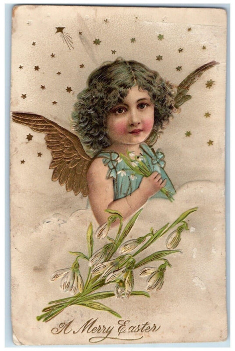 c1910's Easter Cute Girl Angel Stars Lilies Flowers Embossed Antique Postcard