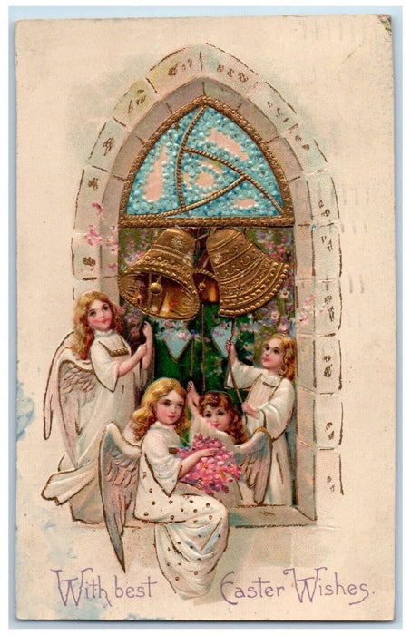 1908 Easter Wishes Angels Ringing Bells Embossed Syracuse New York NY Postcard