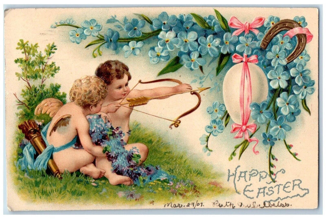 1907 Easter Angels Bare Butt Bow Arrow Egg Horseshoe Pansies Flowers Postcard