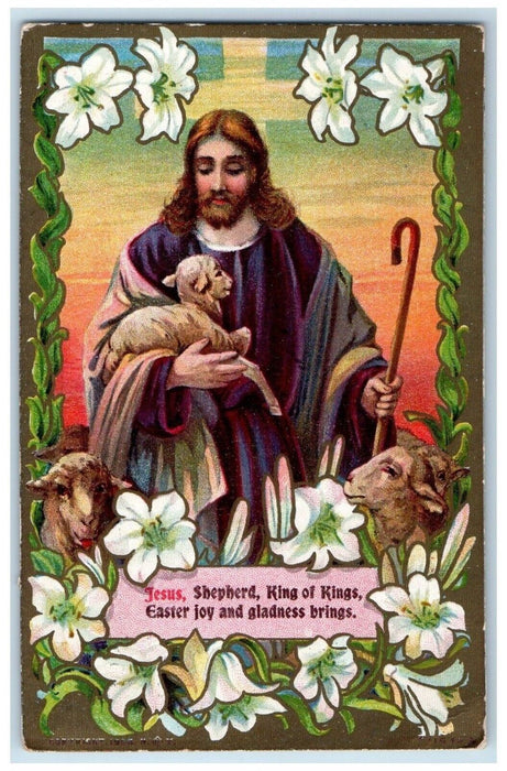 1909 Easter Jesus Sheperd Lamb And Lilies Flowers Religious Ravenna OH Postcard