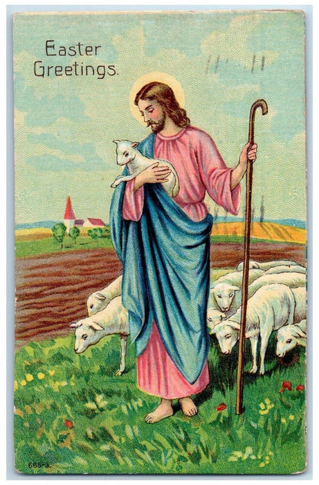 1909 Easter Greetings Jesus Lamb Flowers Religious Marion Ohio OH Postcard