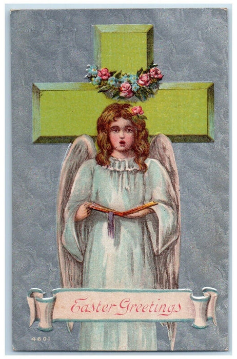 1911 Easter Greetings Holy Cross Angel Singing Flowers Embossed Antique Postcard