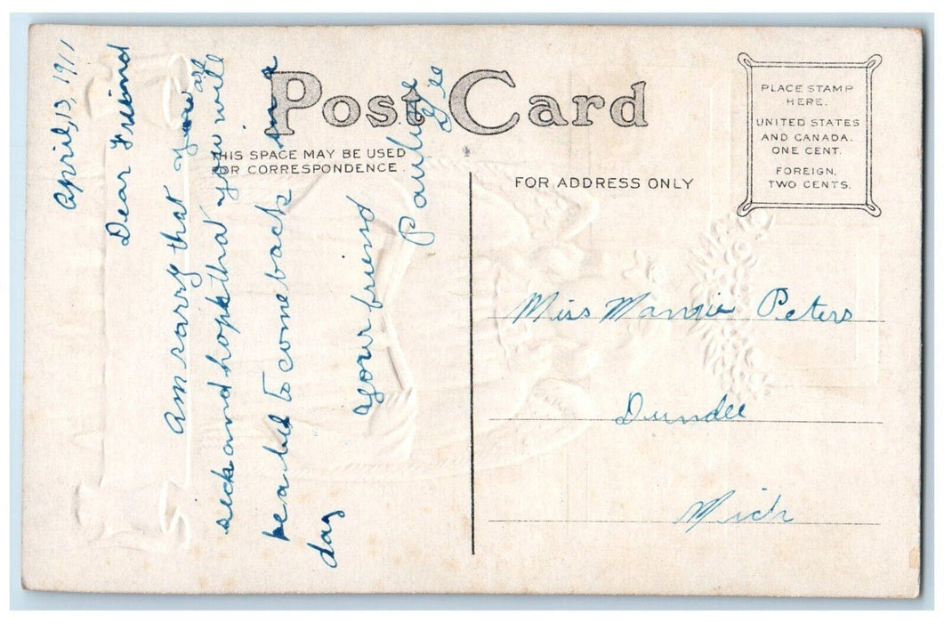 1911 Easter Greetings Holy Cross Angel Singing Flowers Embossed Antique Postcard