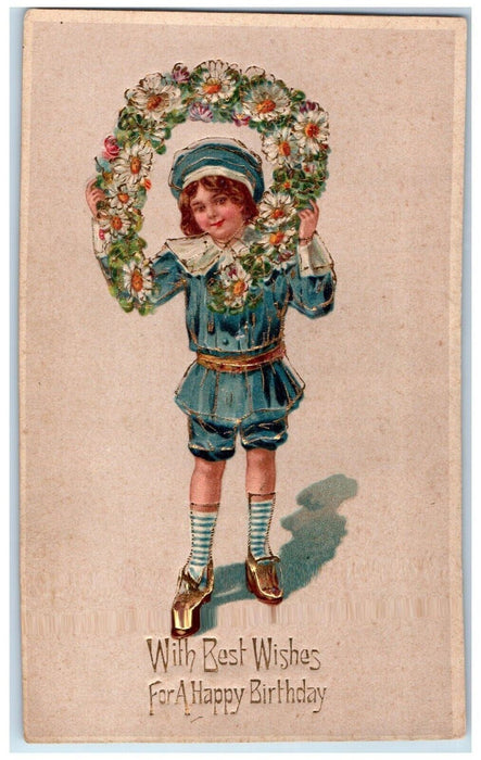 c1910's Happy Birthday Boy Flowers Horseshoe Embossed Unposted Antique Postcard
