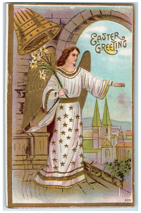 1909 Easter Greetings Holy Angel Bell Lilies Flowers Embossed Antique Postcard