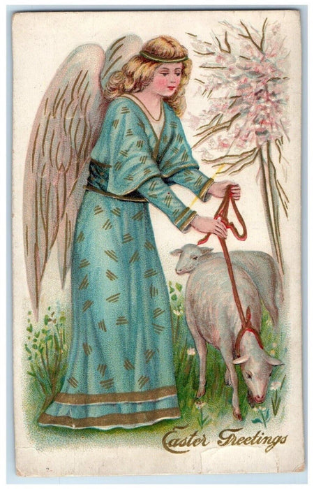 1911 Easter Greetings Angel Lamb Flowers Embossed Chicago IL Antique Postcard