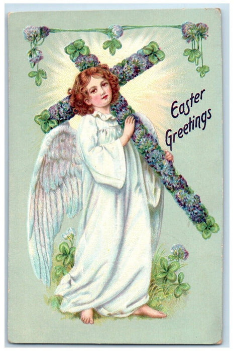 c1910's Easter Greetings Holy Angel Cross Pansies Flowers Clover Tuck's Postcard