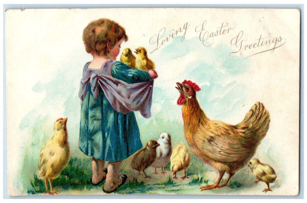 c1905 Easter Greetings Little Girl Chicken Hen Chicks Embossed Tuck's Postcard