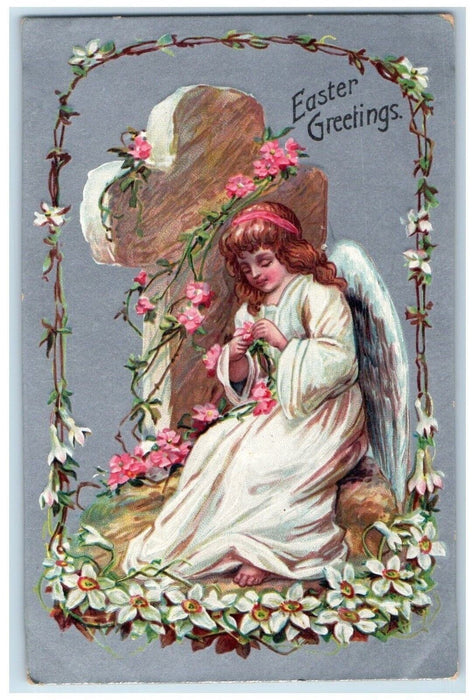 c1910's Easter Greetings Angel Decorating Holy Cross Flowers Antique Postcard