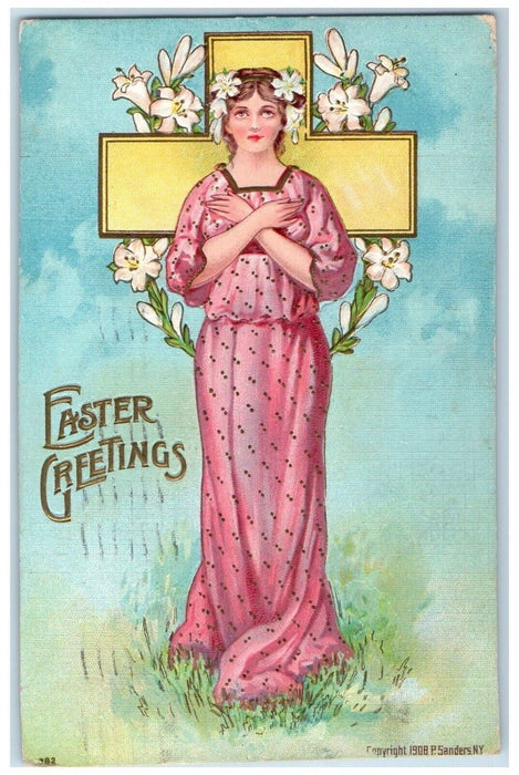 c1910's Easter Greetings Girl Cross Lilies Flowers P. Sanders Embossed Postcard