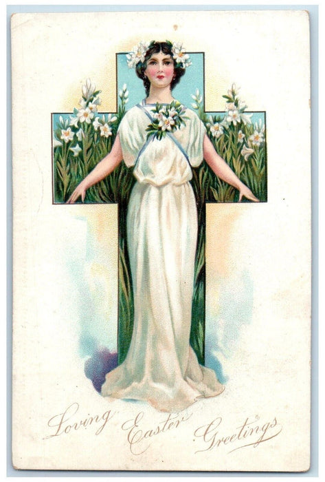 c1905 Easter Greetings Girl Cross Lilies Flowers Embossed Tuck's Postcard