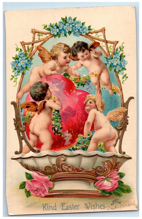 1907 Easter Wishes Angels Bare Butt Heart Pansies Flowers Embossed Postcard