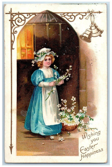 1909 Easter Happiness Pretty Girl Flowers In Basket Bells Clapsaddle Postcard