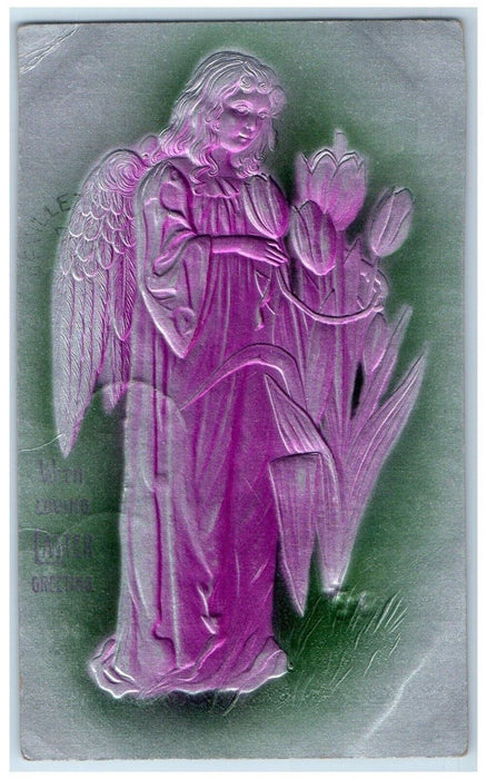 c1905 Easter Greetings Angel Lilies Flowers Airbrushed Embossed Antique Postcard