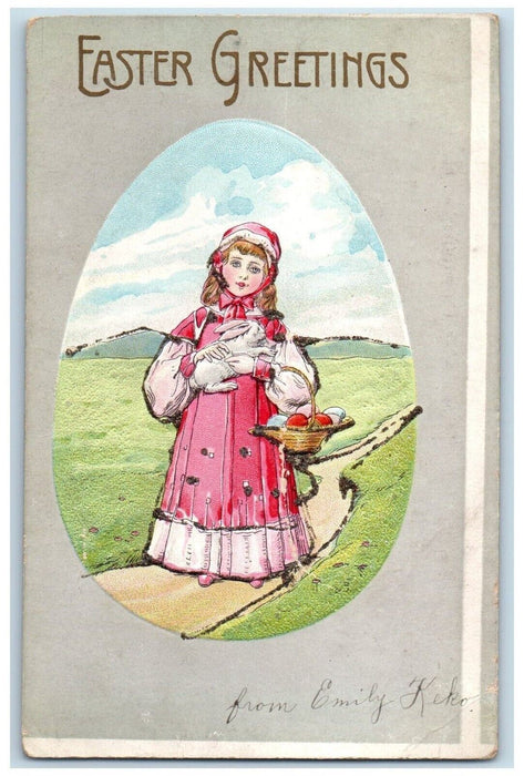 c1910's Easter Greetings Girl Bunny Rabbit Eggs Basket Embossed Antique Postcard