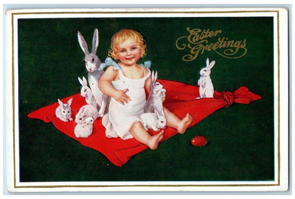 c1910's Easter Greetings Baby Toddler Bunny Rabbit Eggs Embossed Postcard