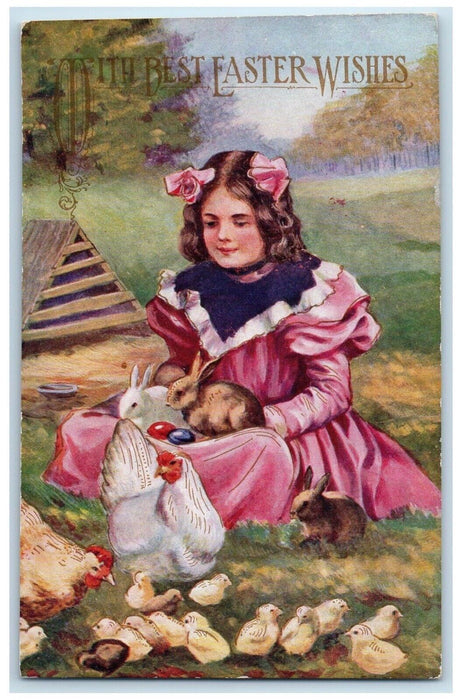 c1910's Easter Wishes Girl Bunny Rabbit Egg Chicken Hen Chicks Embossed Postcard