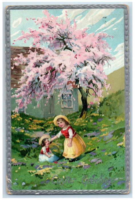 Easter Greetings Mother Daughter Picking Flowers Blossom Tree Tuck's Postcard