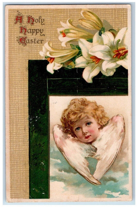 c1910's Happy Easter Holy Angel Head Lily Flowers Posted Antique Postcard