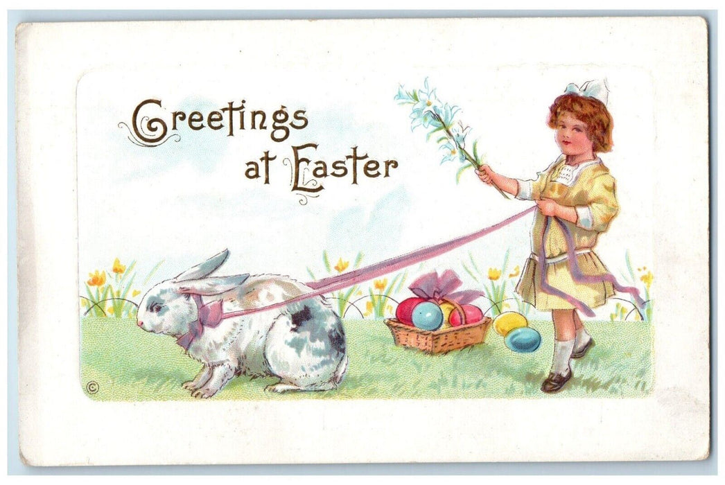 c1910's Easter Greetings Girl Bunny Rabbit Lilies Flowers Egg Baskets Postcard