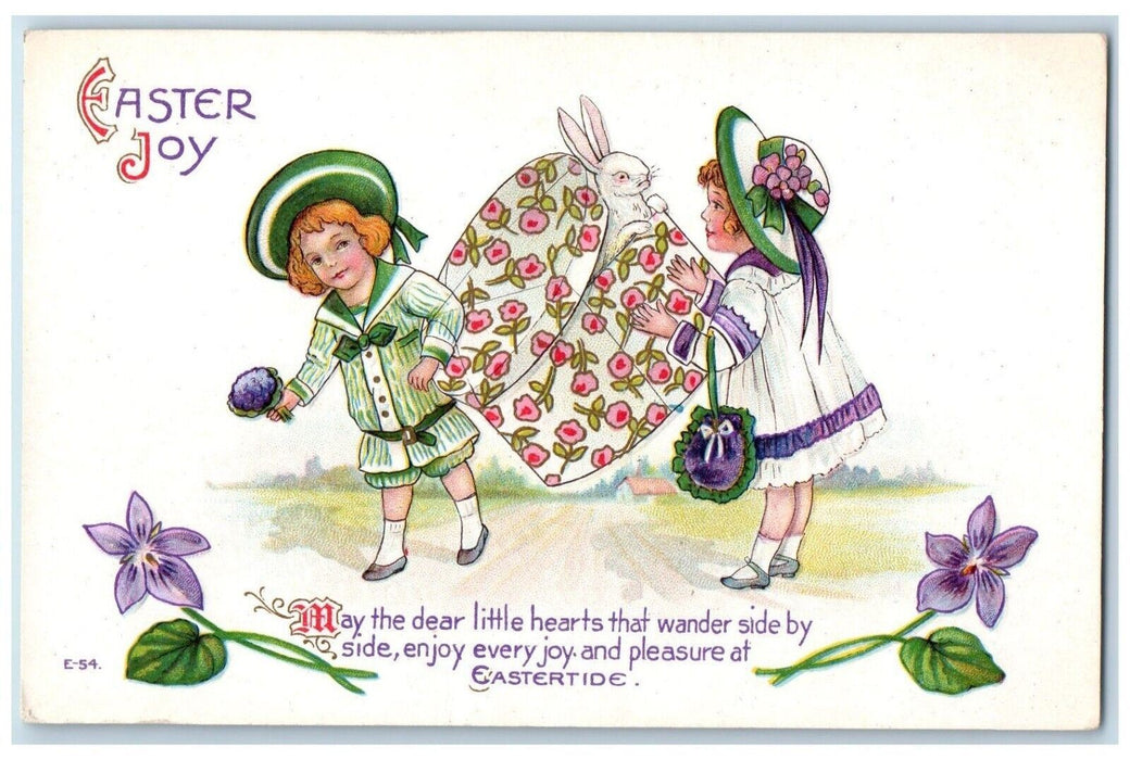 1916 Easter Joy Children Bunny Rabbit In Box Pansies Flowers Embossed Postcard