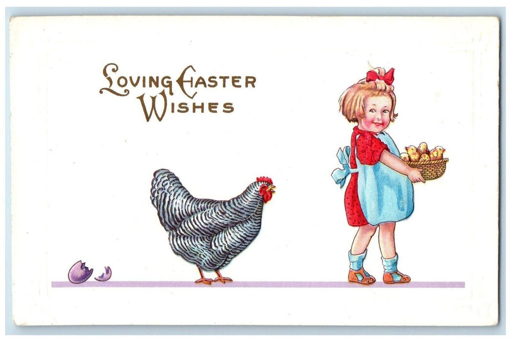 c1910's Easter Wishes Girl Hiding Chicks Chicken Hatched Egg Embossed Postcard