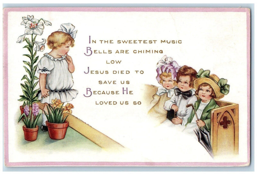 c1910's Easter Girls Church Lilies Flowers Pot Embossed Posted Antique Postcard