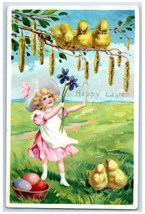 c1905 Easter Girl Chicks Egg Cattails Flowers Antique Tuck's Antique Postcard