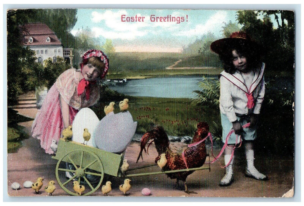 1908 Easter Greetings Children Chicken Wagon Chicks Hatched Egg Antique Postcard