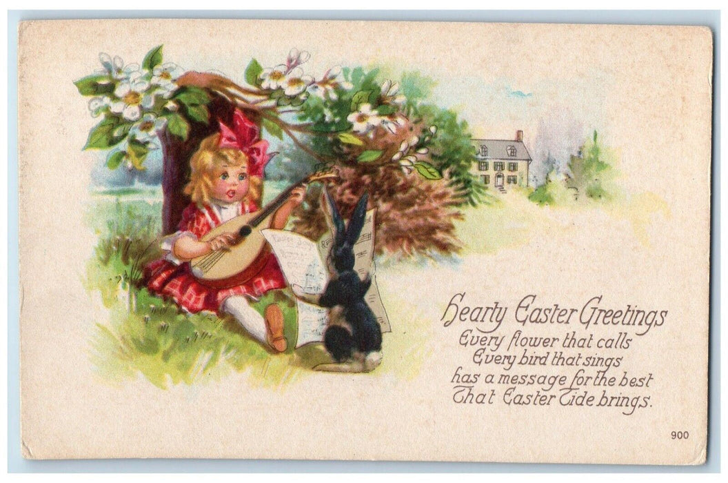 Easter Greetings Girl Playing Guitar Singing Anthropomorphic Rabbit Postcard