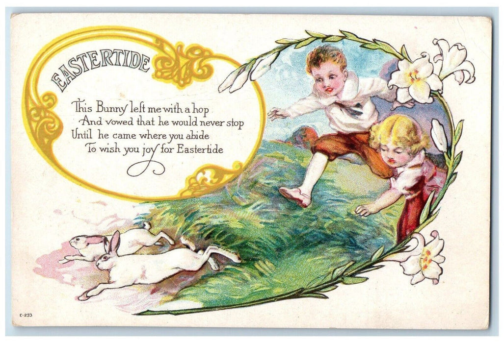 Easter Children Chasing Bunny Rabbit Salesman Sample Embossed Antique Postcard