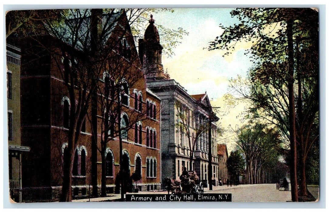 1913 Armory City Hall Exterior Horse Carriage Street Elmira New York NY Postcard