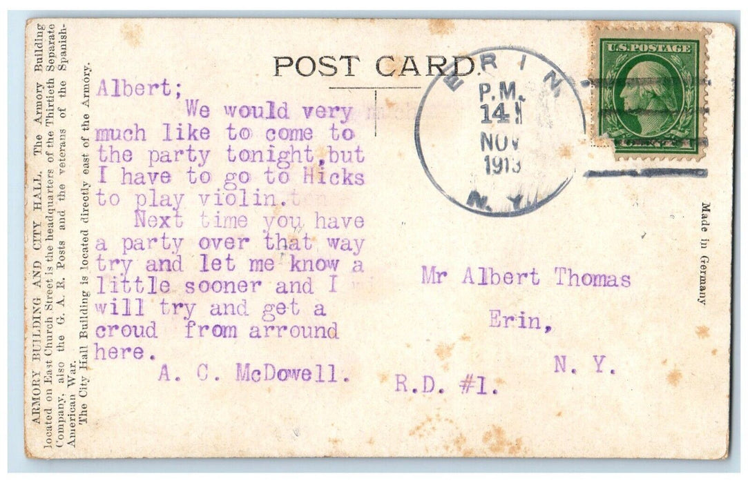 1913 Armory City Hall Exterior Horse Carriage Street Elmira New York NY Postcard